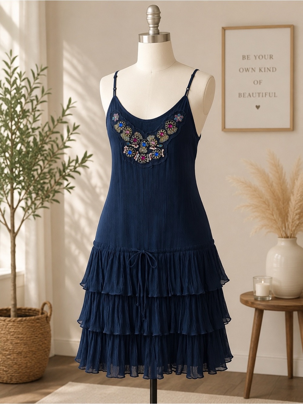 Free People silk embroidered ruffle dress, navy blue, size Small